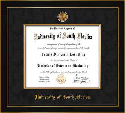 Image of University of South Florida Diploma Frame - Honors Black Satin - w/24k Gold-Plated Medallion & Fillet - w/USF Name Embossing - Black Suede mat