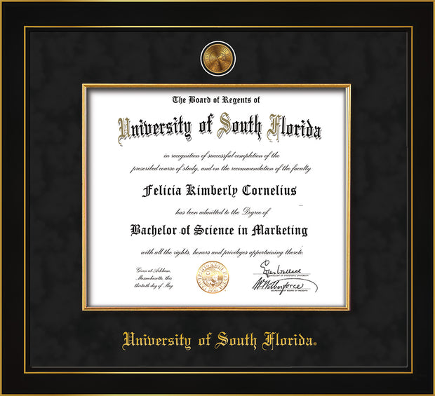 Image of University of South Florida Diploma Frame - Honors Black Satin - w/24k Gold-Plated Medallion & Fillet - w/USF Name Embossing - Black Suede mat