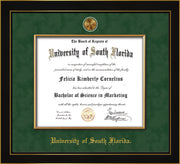 Image of University of South Florida Diploma Frame - Honors Black Satin - w/24k Gold-Plated Medallion & Fillet - w/USF Name Embossing - Black Suede mat