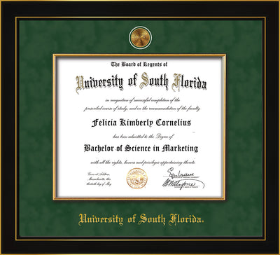Image of University of South Florida Diploma Frame - Honors Black Satin - w/24k Gold-Plated Medallion & Fillet - w/USF Name Embossing - Black Suede mat