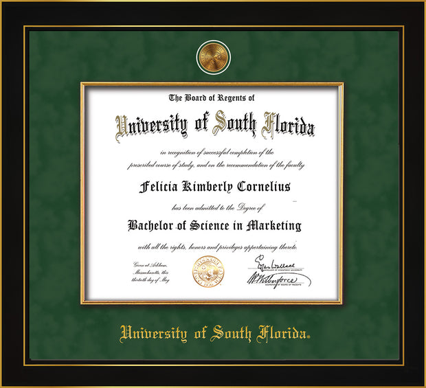 Image of University of South Florida Diploma Frame - Honors Black Satin - w/24k Gold-Plated Medallion & Fillet - w/USF Name Embossing - Black Suede mat