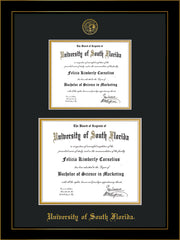 Image of University of South Florida Diploma Frame - Honors Black Satin - w/Embossed USF Seal & Name - Double Diploma for 8.5x11 & 11x14 diplomas - Black on Gold mats