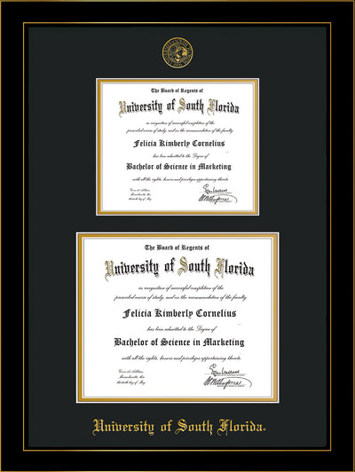 Image of University of South Florida Diploma Frame - Honors Black Satin - w/Embossed USF Seal & Name - Double Diploma for 8.5x11 & 11x14 diplomas - Black on Gold mats