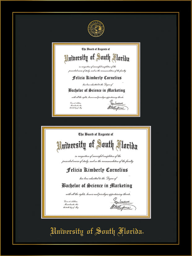 Image of University of South Florida Diploma Frame - Honors Black Satin - w/Embossed USF Seal & Name - Double Diploma for 8.5x11 & 11x14 diplomas - Black on Gold mats