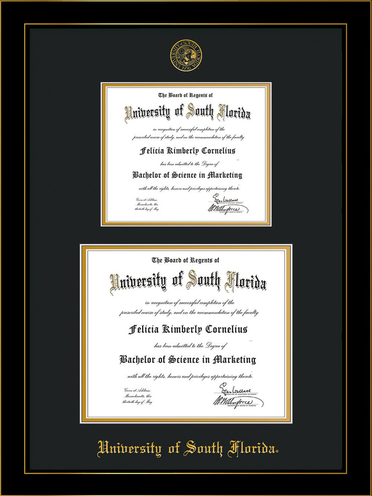 Image of University of South Florida Diploma Frame - Honors Black Satin - w/Embossed USF Seal & Name - Double Diploma for 8.5x11 & 11x14 diplomas - Black on Gold mats