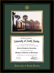 Image of University of South Florida Diploma Frame - Honors Black Satin - w/Embossed USF Seal & Name - Photo - Green on Gold mat