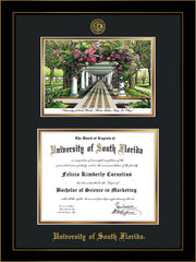 Image of University of South Florida Diploma Frame - Honors Black Satin - w/Embossed USF Seal & Name - Watercolor - Black on Gold mat
