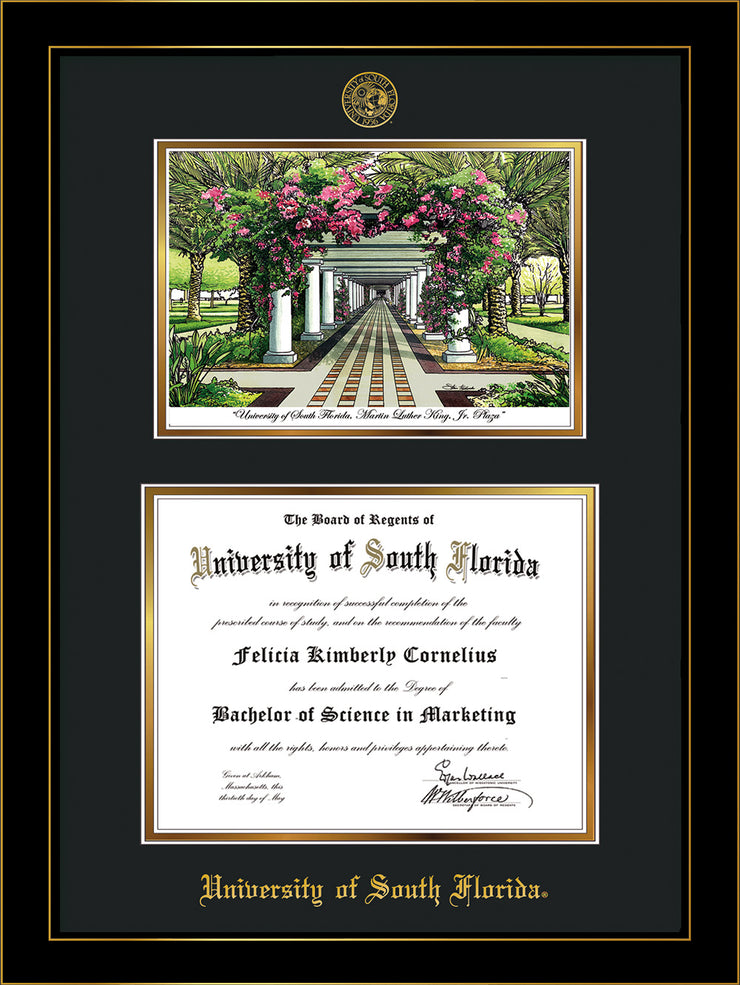 Image of University of South Florida Diploma Frame - Honors Black Satin - w/Embossed USF Seal & Name - Watercolor - Black on Gold mat