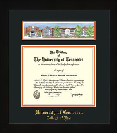 Image of University of Tennessee Diploma Frame - Flat Matte Black - w/Embossed College of Law Name Only - Campus Collage - Black on Orange mat