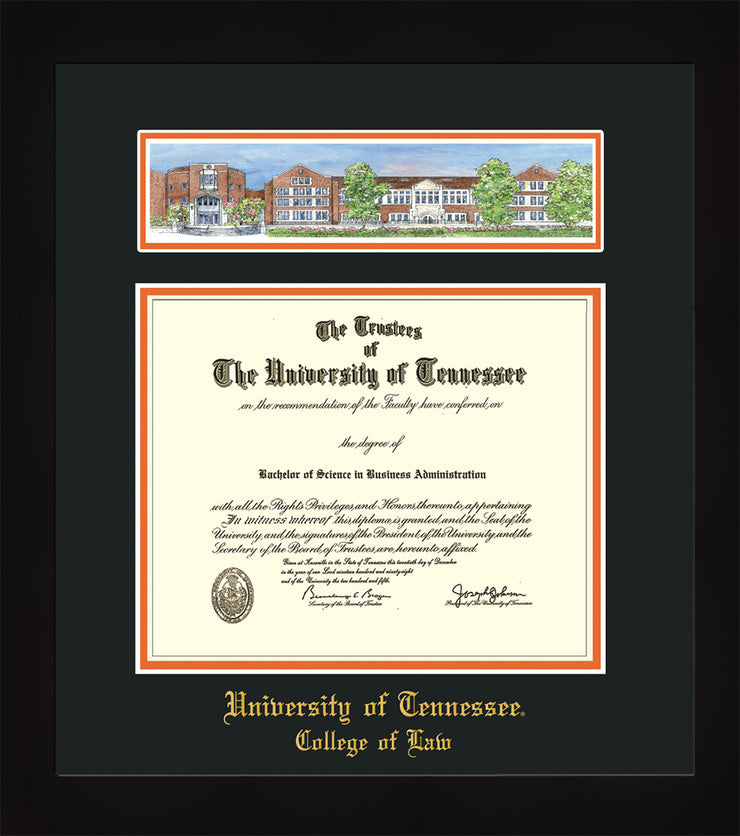 Image of University of Tennessee Diploma Frame - Flat Matte Black - w/Embossed College of Law Name Only - Campus Collage - Black on Orange mat
