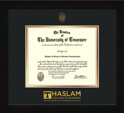 Image of University of Tennessee Haslam College of Business Diploma Frame - Flat Matte Black - w/UT Embossed Seal & UTHAS Wordmark - Black on Gold Mat