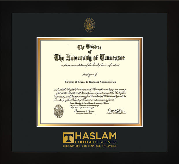 Image of University of Tennessee Haslam College of Business Diploma Frame - Flat Matte Black - w/UT Embossed Seal & UTHAS Wordmark - Black on Gold Mat
