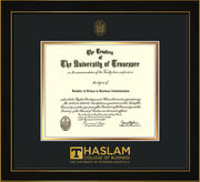 Image of University of Tennessee Haslam College of Business Diploma Frame - Honors Black Satin - w/UT Embossed Seal & UTHAS Wordmark - Black on Gold Mat