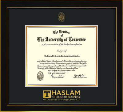 Image of University of Tennessee Haslam College of Business Diploma Frame - Honors Black Satin - w/UT Embossed Seal & UTHAS Wordmark - Black on Gold Mat
