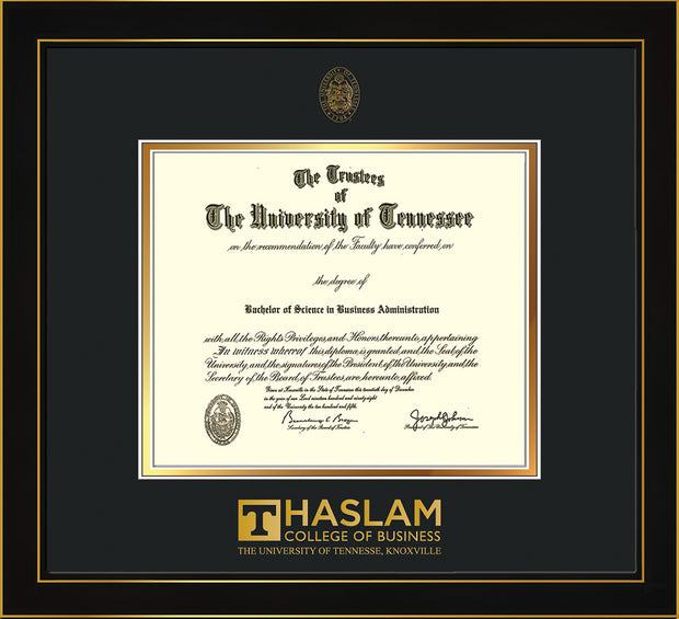 Image of University of Tennessee Haslam College of Business Diploma Frame - Honors Black Satin - w/UT Embossed Seal & UTHAS Wordmark - Black on Gold Mat