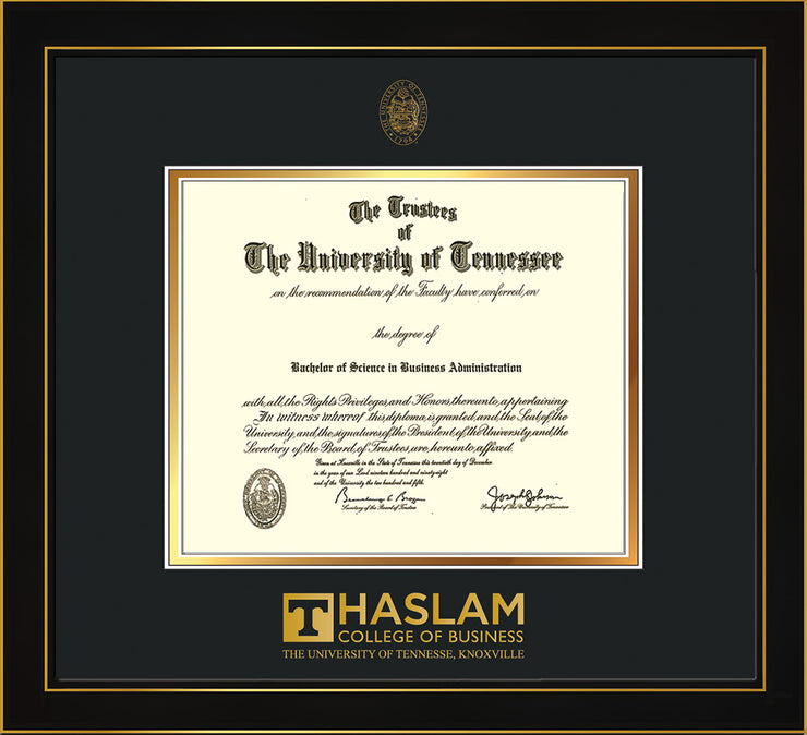 Image of University of Tennessee Haslam College of Business Diploma Frame - Honors Black Satin - w/UT Embossed Seal & UTHAS Wordmark - Black on Gold Mat