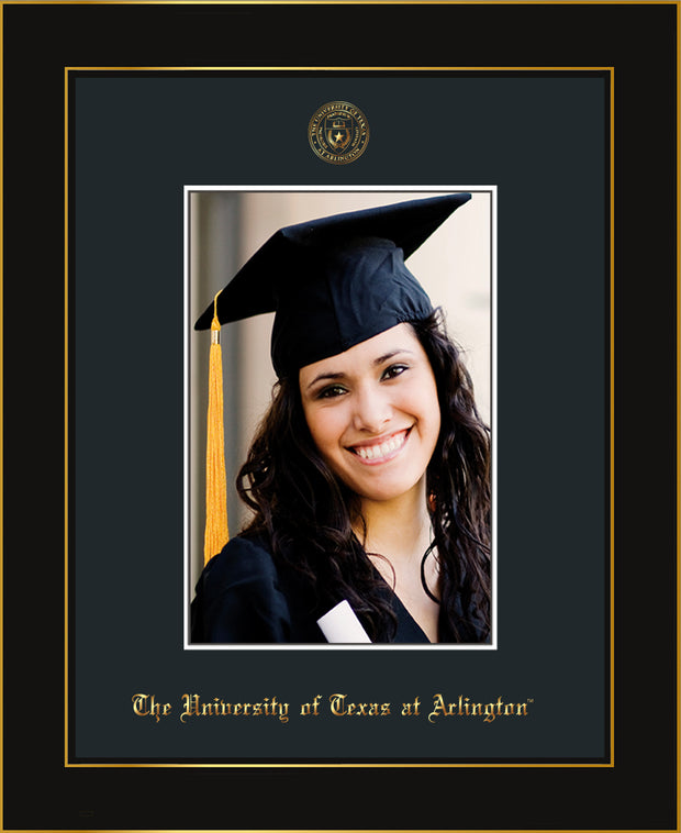 Image of University of Texas - Arlington 5 x 7 Photo Frame - Honors Black Satin - w/Official Embossing of UTA Seal & Name - Single Black mat