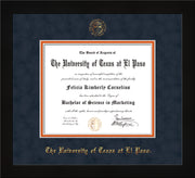 Image of University of Texas - El Paso Diploma Frame - Flat Matte Black - w/UTEP Embossed Seal & Name - Navy Suede on Orange mat