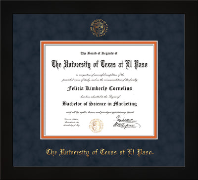 Image of University of Texas - El Paso Diploma Frame - Flat Matte Black - w/UTEP Embossed Seal & Name - Navy Suede on Orange mat