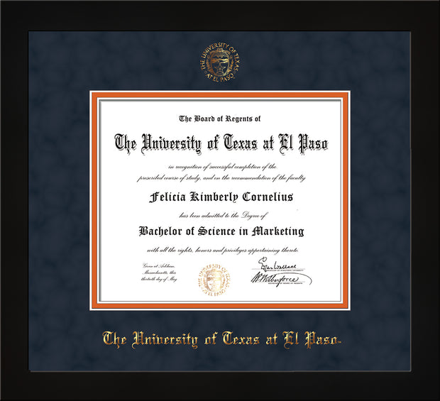 Image of University of Texas - El Paso Diploma Frame - Flat Matte Black - w/UTEP Embossed Seal & Name - Navy Suede on Orange mat