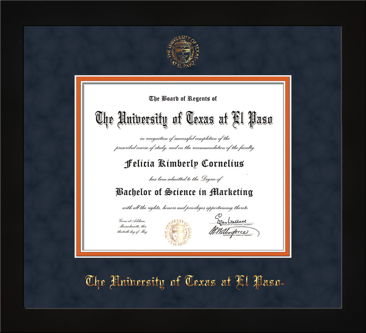 Image of University of Texas - El Paso Diploma Frame - Flat Matte Black - w/UTEP Embossed Seal & Name - Navy Suede on Orange mat