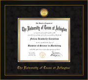 Image of University of Texas - Arlington Diploma Frame - Honors Black Suede - w/24k Gold-Plated Medallion UTA Name Embossing - Black Suede on Gold mats