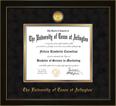 Image of University of Texas - Arlington Diploma Frame - Honors Black Suede - w/24k Gold-Plated Medallion UTA Name Embossing - Black Suede on Gold mats