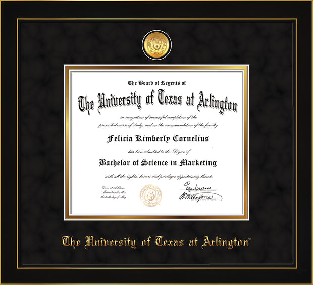 Image of University of Texas - Arlington Diploma Frame - Honors Black Suede - w/24k Gold-Plated Medallion UTA Name Embossing - Black Suede on Gold mats