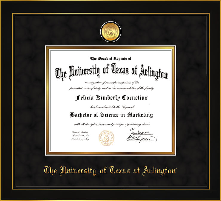 Image of University of Texas - Arlington Diploma Frame - Honors Black Suede - w/24k Gold-Plated Medallion UTA Name Embossing - Black Suede on Gold mats