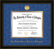 Image of University of Texas - Arlington Diploma Frame - Honors Black Satin - w/24k Gold-Plated Medallion UTA Name Embossing - Royal Blue Suede on Gold mats