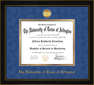 Image of University of Texas - Arlington Diploma Frame - Honors Black Satin - w/24k Gold-Plated Medallion UTA Name Embossing - Royal Blue Suede on Gold mats