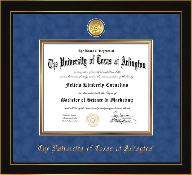 Image of University of Texas - Arlington Diploma Frame - Honors Black Satin - w/24k Gold-Plated Medallion UTA Name Embossing - Royal Blue Suede on Gold mats