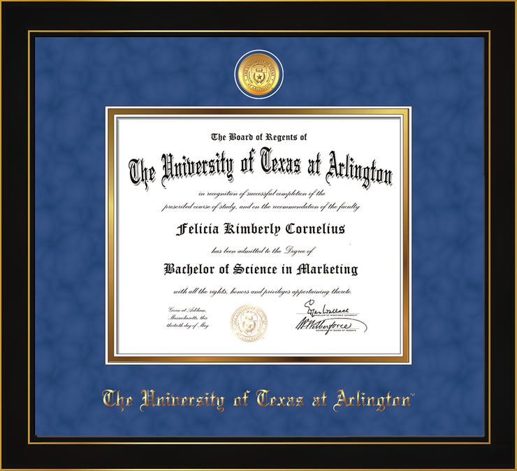 Image of University of Texas - Arlington Diploma Frame - Honors Black Satin - w/24k Gold-Plated Medallion UTA Name Embossing - Royal Blue Suede on Gold mats