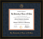 Image of University of Texas - El Paso Diploma Frame - Honors Black Satin - w/UTEP Embossed Seal & Name - Navy Suede on Orange mat