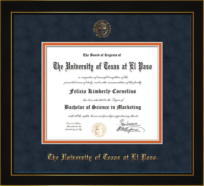 Image of University of Texas - El Paso Diploma Frame - Honors Black Satin - w/UTEP Embossed Seal & Name - Navy Suede on Orange mat