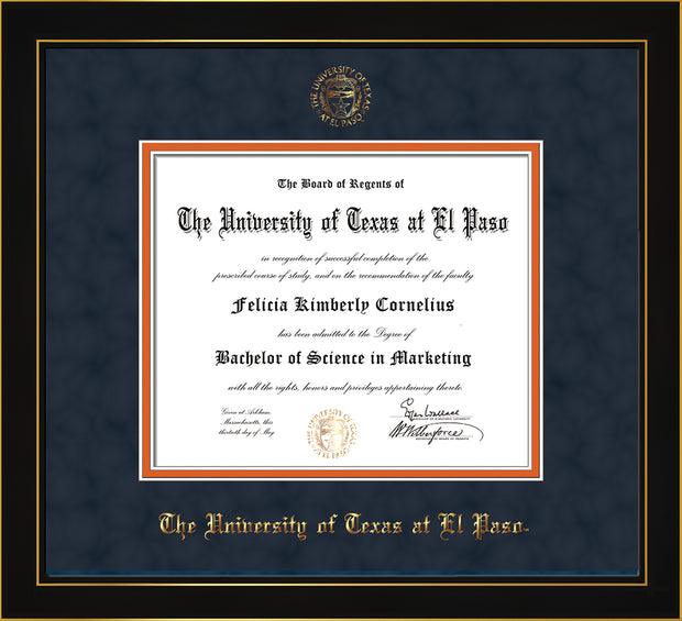 Image of University of Texas - El Paso Diploma Frame - Honors Black Satin - w/UTEP Embossed Seal & Name - Navy Suede on Orange mat