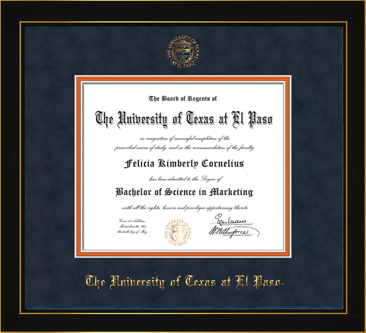 Image of University of Texas - El Paso Diploma Frame - Honors Black Satin - w/UTEP Embossed Seal & Name - Navy Suede on Orange mat
