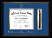 Image of University of Texas - Arlington Diploma Frame - Honors Black Satin - w/Embossed Seal & Name - Tassel Holder - Royal Blue on Gold mat