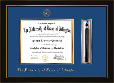 Image of University of Texas - Arlington Diploma Frame - Honors Black Satin - w/Embossed Seal & Name - Tassel Holder - Royal Blue on Gold mat