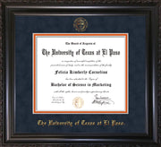 Image of University of Texas - El Paso Diploma Frame - Vintage Black Scoop - w/UTEP Embossed Seal & Name - Navy Suede on Orange mat