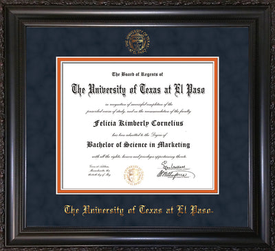 Image of University of Texas - El Paso Diploma Frame - Vintage Black Scoop - w/UTEP Embossed Seal & Name - Navy Suede on Orange mat