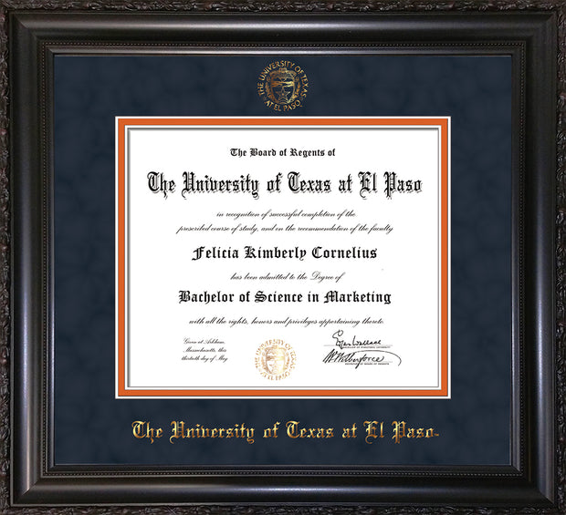 Image of University of Texas - El Paso Diploma Frame - Vintage Black Scoop - w/UTEP Embossed Seal & Name - Navy Suede on Orange mat