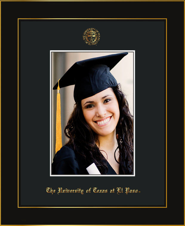 Image of University of Texas - El-Paso 5 x 7 Photo Frame - Honors Black Satin - w/Official Embossing of UTEP Seal & Name - Single Black mat