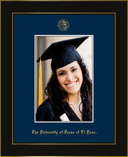 Image of University of Texas - El-Paso 5 x 7 Photo Frame - Honors Black Satin - w/Official Embossing of UTEP Seal & Name - Single Navy mat