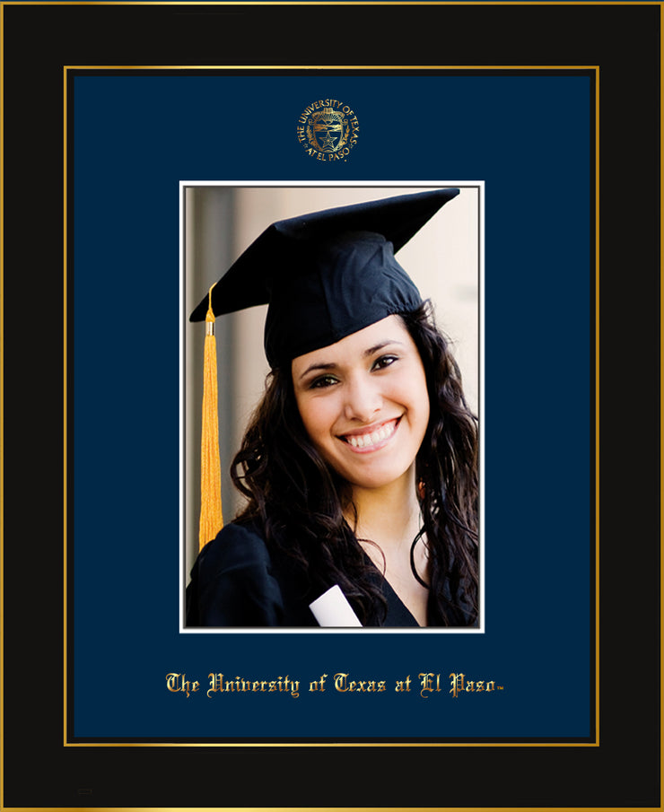 Image of University of Texas - El-Paso 5 x 7 Photo Frame - Honors Black Satin - w/Official Embossing of UTEP Seal & Name - Single Navy mat