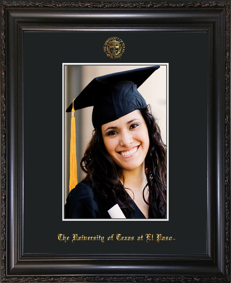 Image of University of Texas - El-Paso 5 x 7 Photo Frame - Vintage Black Scoop - w/Official Embossing of UTEP Seal & Name - Single Black mat