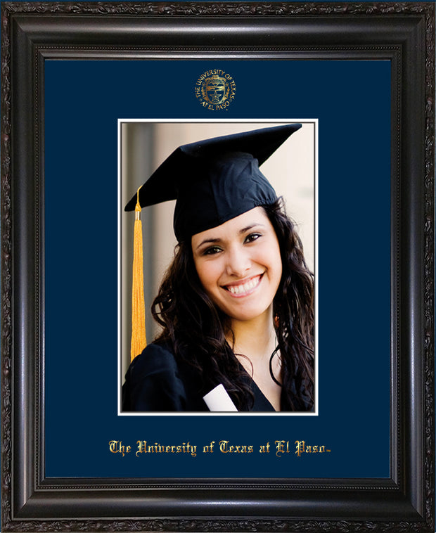 Image of University of Texas - El-Paso 5 x 7 Photo Frame - Vintage Black Scoop - w/Official Embossing of UTEP Seal & Name - Single Navy mat
