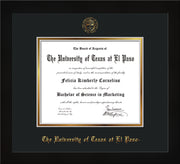 Image of University of Texas - El Paso Diploma Frame - Honors Black Satin - w/UTEP Embossed Seal & Name - Black on Gold mat