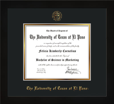 Image of University of Texas - El Paso Diploma Frame - Honors Black Satin - w/UTEP Embossed Seal & Name - Black on Gold mat