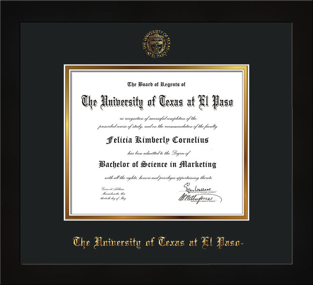 Image of University of Texas - El Paso Diploma Frame - Honors Black Satin - w/UTEP Embossed Seal & Name - Black on Gold mat